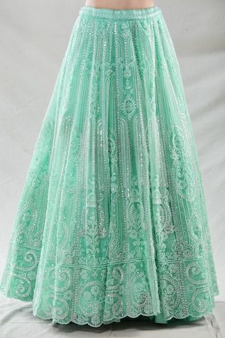 Green attached cancan lehenga with bead, sequin, cutdana, zari thread embroidery in stripe pattern. Paired with sleeveless embroidered padded blouse. Comes with dupatta. - Aza Fashions Festive Anarkali Embellished Skirt, Designer Pista Green Sequin Dress, Semi-stitched Skirt With Resham Embroidery For Wedding, Semi-stitched Wedding Skirt With Resham Embroidery, Pista Green Sequined Dress, Festive Resham Embroidery Skirt For Wedding, Pista Green Lehenga With Sequins For Wedding, Wedding Saree Skirt With Resham Embroidery, Anarkali Pista Green Lehenga With Sequins