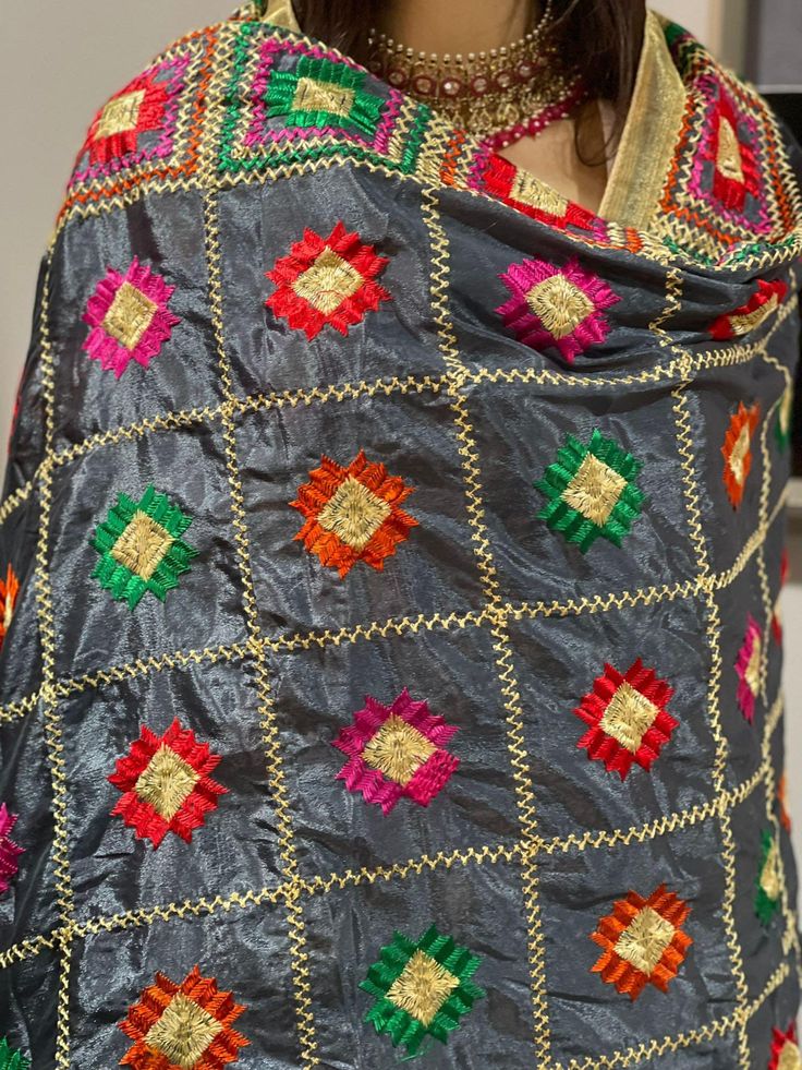 Product details:- Grey  phulkari embroidered Dupatta and has taping border. Size :- Length:-2.12 meters  Width:-37 inches  Material:- Polly chinon. Hand wash . Multicolor Embroidered Fabric With Zari Work For Traditional Ceremonies, Multicolor Embroidered Fabric With Zari Work For Ceremonies, Festive Dupatta With Multicolor Resham Embroidery, Unstitched Traditional Wear With Zari Work For Festival, Traditional Multicolor Embroidery Kurta For Festival, Festive Kurta With Multicolor Embroidery And Dupatta, Traditional Multicolor Embroidered Kurta For Festivals, Traditional Wear With Multicolor Embroidery And Dupatta For Celebration, Embroidered Multicolor Salwar Kameez For Festive Occasions