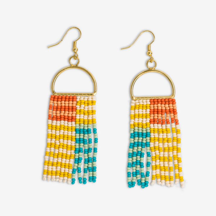 Allison Horizontal Striped Grid Beaded Earrings Amalfi Affordable Yellow Beaded Earrings For Summer, Yellow Beaded Earrings With Multicolor Beads, Unique Yellow Beaded Earrings With Round Beads, Artisan Multicolor Beads With Beaded Fringe, Multicolor Beaded Clip-on Drop Earrings, Multicolor Bohemian Hand-strung Beaded Earrings, Classic Denim Jacket, Coastal Vibes, Human Hand