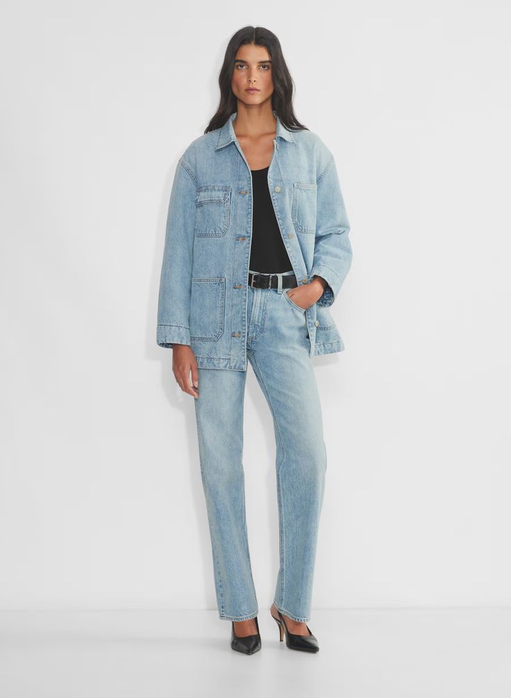 THE ’90S DENIM CHORE COAT | Aritzia Medium Wash Rigid Denim Outerwear With Pockets, Classic Denim Utility Jacket With Patch Pockets, Denim Workwear Outerwear With Pockets, Classic Rigid Denim Outerwear For Fall, Rigid Denim Workwear Outerwear With Pockets, Rigid Denim Outerwear With Pockets For Work, Medium Wash Denim Utility Jacket With Patch Pockets, Denim Blue Utility Jacket With Patch Pockets, Relaxed Fit Denim Outerwear With Patch Pockets