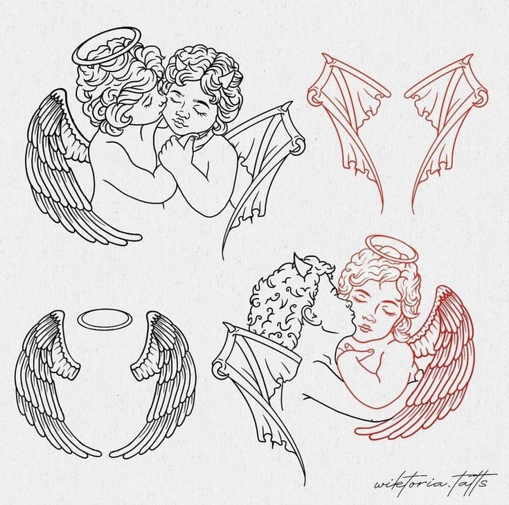 three drawings of angels with wings, one holding a cup and the other looking at something