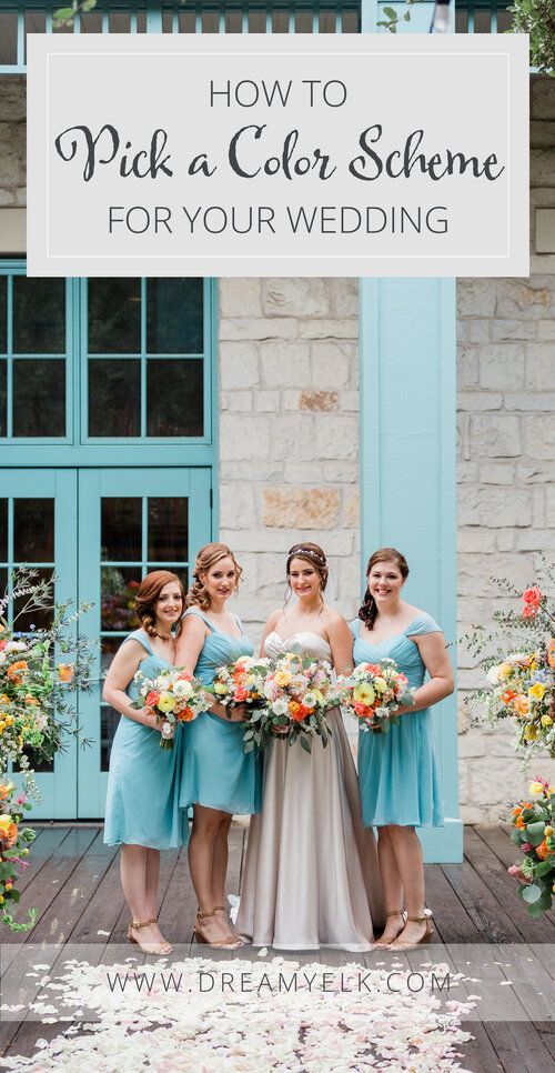 four bridesmaids standing in front of a blue door with the words how to pick a color scheme for your wedding