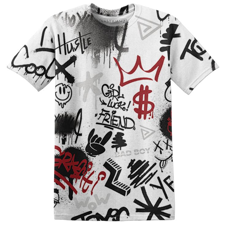 Retro-Red-Taxi-12s-T-Shirt-Match-Graffiti-King-3D-Doodle-Style White Hip Hop Tops With Character Print, Multicolor Hip Hop Tops With Letter Print, Multicolor Character Print Tops For Streetwear, Red Cotton T-shirt With All Over Print, Urban Style White Top With Character Print, Hip Hop Multicolor Tops With Graffiti Print, White Crew Neck With Graffiti Print Sublimation, Hip Hop Style Multicolor Tops With Graffiti Print, Trendy Red Graphic Design Tops