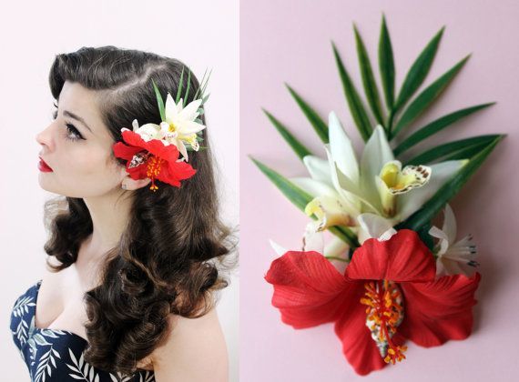 Hair Clip Styles, Tropical Accessories, Hair Fascinators, Rockabilly Accessories, Retro Updo, Pinup Hair, Tiki Style, Rockabilly Hair, Hair Flowers