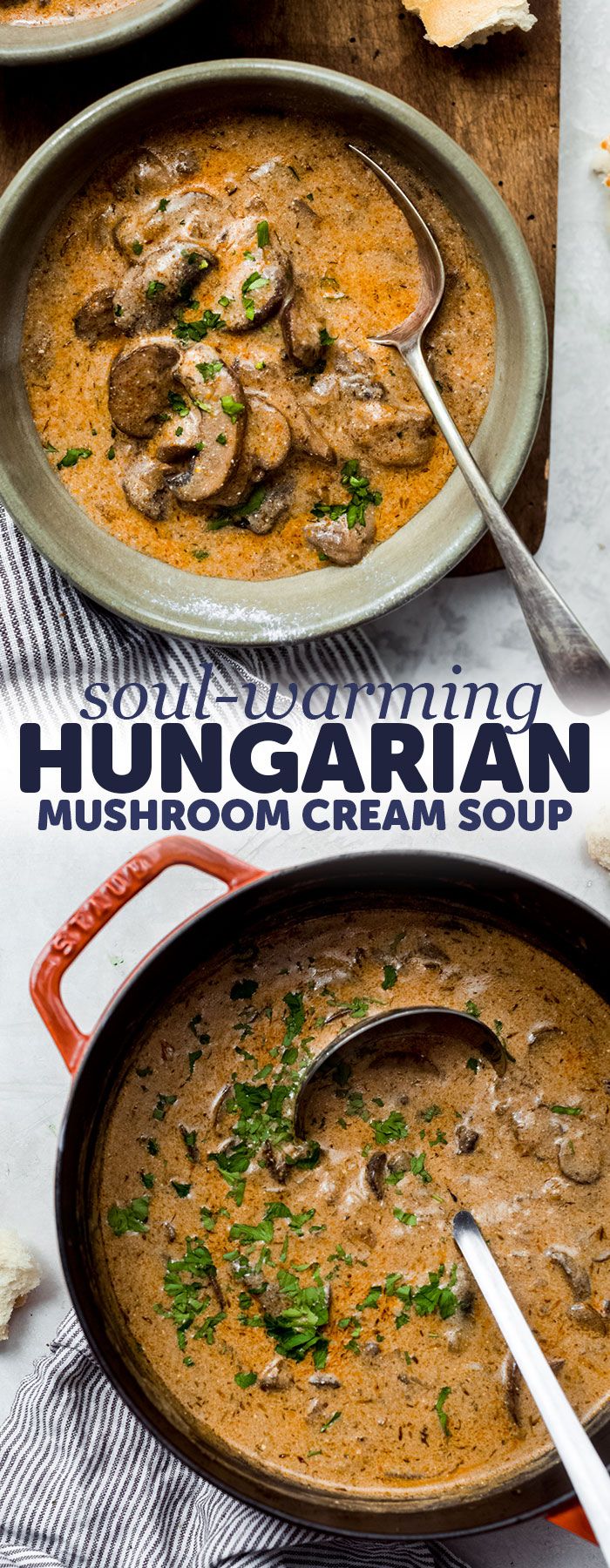 two pans filled with mushroom cream soup on top of a table