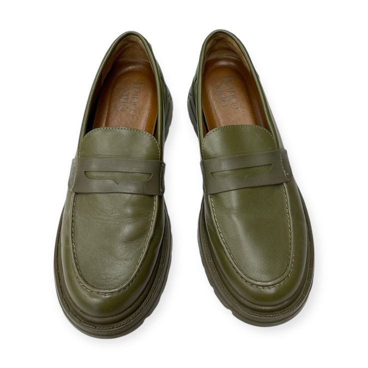 Brand: FRANCO SARTO Style: SHOES FLATS Color: GREEN Size: 6.5 SKU: 101-101161-83103 CONDITION: GENTLY USED Green Leather Loafers For Spring, Spring Green Leather Loafers, Green Slip-on Loafers With Leather Sole, Green Leather Sole Slip-on Loafers, Green Leather Flat Loafers, Green Slip-on Closed Toe Loafers, Green Slip-on Loafers, Classic Green Loafers With Rubber Sole, Green Leather Loafers With Flat Heel