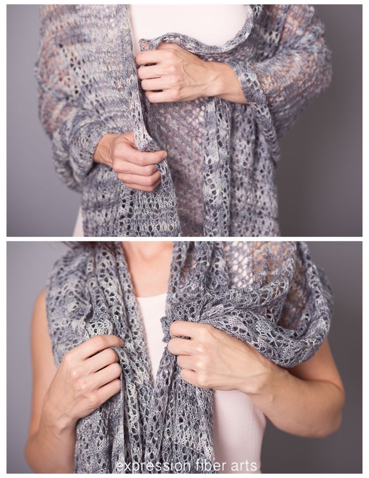 two pictures of a woman wearing a shawl with her hands on her chest and the other