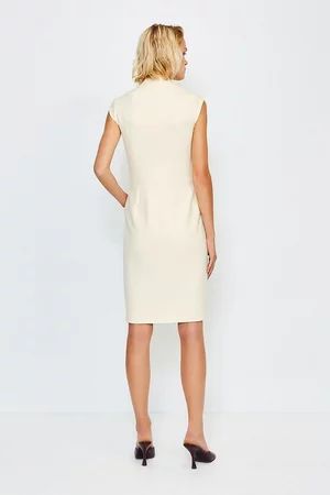 Collar Wrap Popper Midi Dress | Karen Millen Classic Tailored V-neck Dress, Fitted V-neck Wrap Dress For Work, Structured Sleeveless Formal Dress, Summer Formal Bodycon Dress With Surplice Neckline, Elegant Fitted V-neck Dress For Semi-formal Occasions, Elegant Fitted V-neck Dress With Flattering Silhouette, Elegant Fitted V-neck Semi-formal Dress, Tailored V-neck Spring Dress, Tailored V-neck Dress For Spring