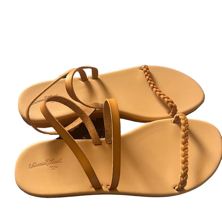 Women's Tommie Triple Strap Sandals - Universal Thread Tan 9.5 New Without Tags Summer Leather Sandals With Braided Straps, Leather Sandals With Braided Straps For Summer, Leather Slingback Sandals With Braided Straps For Summer, Leather Strappy Flip Flops For Spring, Leather Slingback Sandals With Braided Straps For Beach, Universal Thread, Strap Sandals, Women's Shoes Sandals, Thread