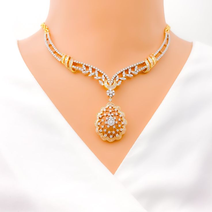 This exquisite 18k gold set, weighing 46.8 grams, features an extravagant floral vine design adorned with dazzling diamonds. The yellow gold finish enhances its luxurious appeal, making it perfect for any special occasion. The set includes a necklace with a total diamond weight of 8.16 carats, featuring F-G color and VS quality diamonds in round and baguette shapes. The necklace has a length of 16.5 inches with a 1.5-inch drop length, adjustable 0.75-inch links, and a secure hook lock. The match Opulent Diamond Necklace For Formal Occasions, Opulent Diamond Necklace For Formal Events, Opulent Formal Necklace With Elegant Design, Opulent Diamond Jewelry For Formal Occasions, Opulent Formal Diamond Jewelry, Fine Filigree Diamond Necklace For Wedding, Elegant Diamond White Necklace With Intricate Design, Exquisite Filigree Diamond Necklace For Wedding, Opulent Yellow Gold Diamond Jewelry