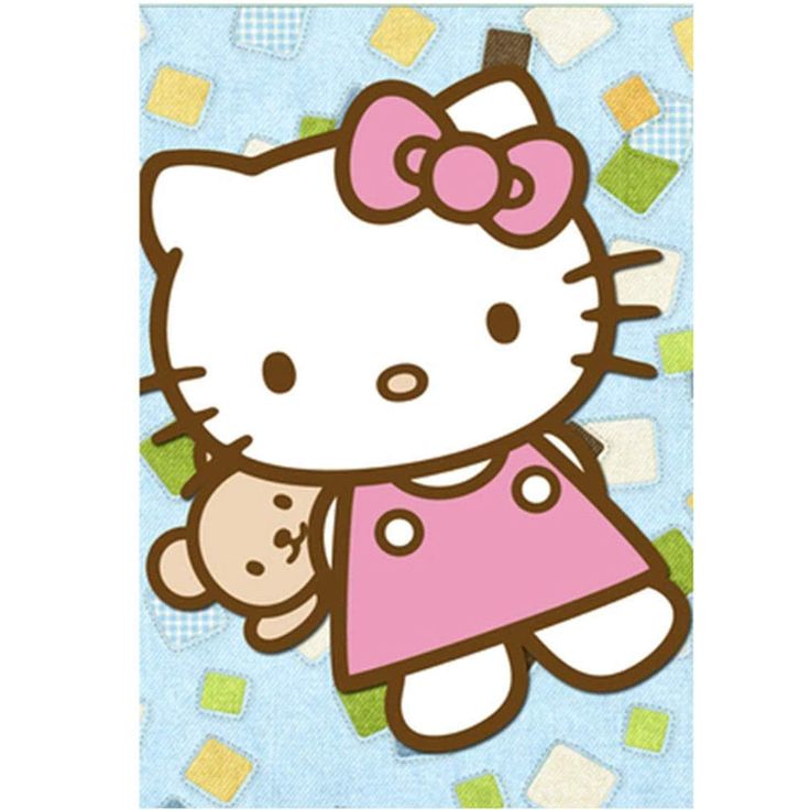 an image of a hello kitty holding a teddy bear on a blue and green background