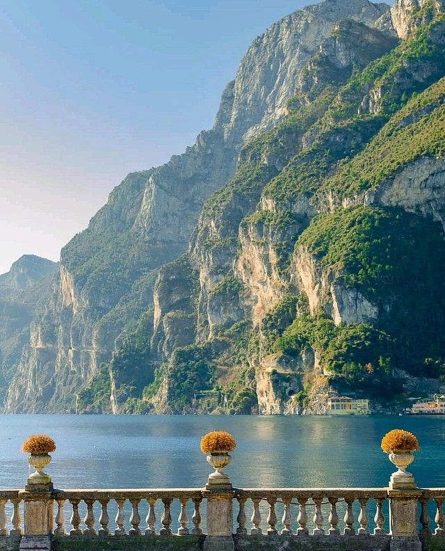 two vases with flowers are sitting on a railing overlooking the water and mountains in the background