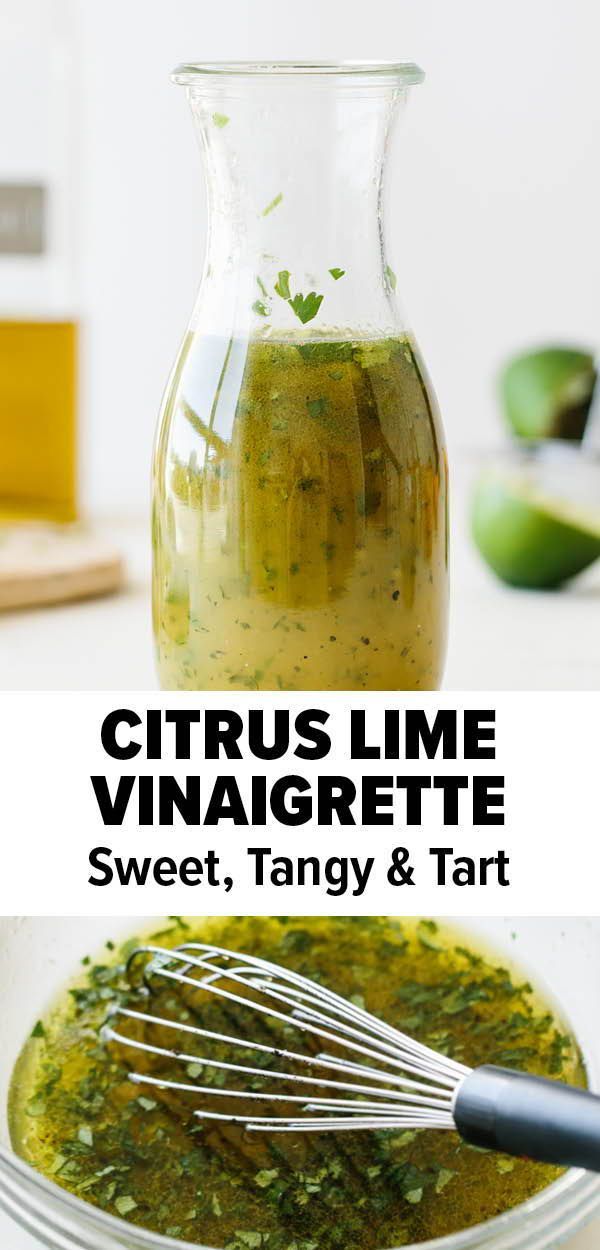 the ingredients for citrius lime vinaigrette in a glass pitcher and whisk