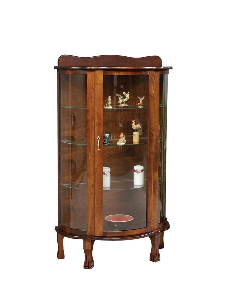 a wooden display case with glass doors and shelves