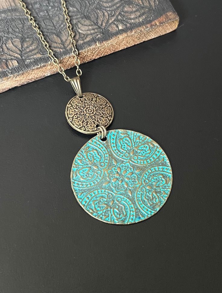 20 inches Chain  Patina Disc Charm  Boho Necklace, Ethnic Style Necklaces, Disc Pendant Necklaces, Patina Charms, Statement Necklaces, Bohemian Necklaces, Antique Gold Necklace Bohemian Turquoise Pendant Necklace With Oxidized Finish, Bohemian Necklace With Large Pendant, Turquoise Bohemian Brass Jewelry, Adjustable Bohemian Copper Necklace, Bohemian Turquoise Brass Jewelry, Adjustable Bronze Patina Necklaces, Bohemian Engraved Jewelry As Gift, Bohemian Engraved Jewelry Gift, Bohemian Adjustable Jewelry With Patina