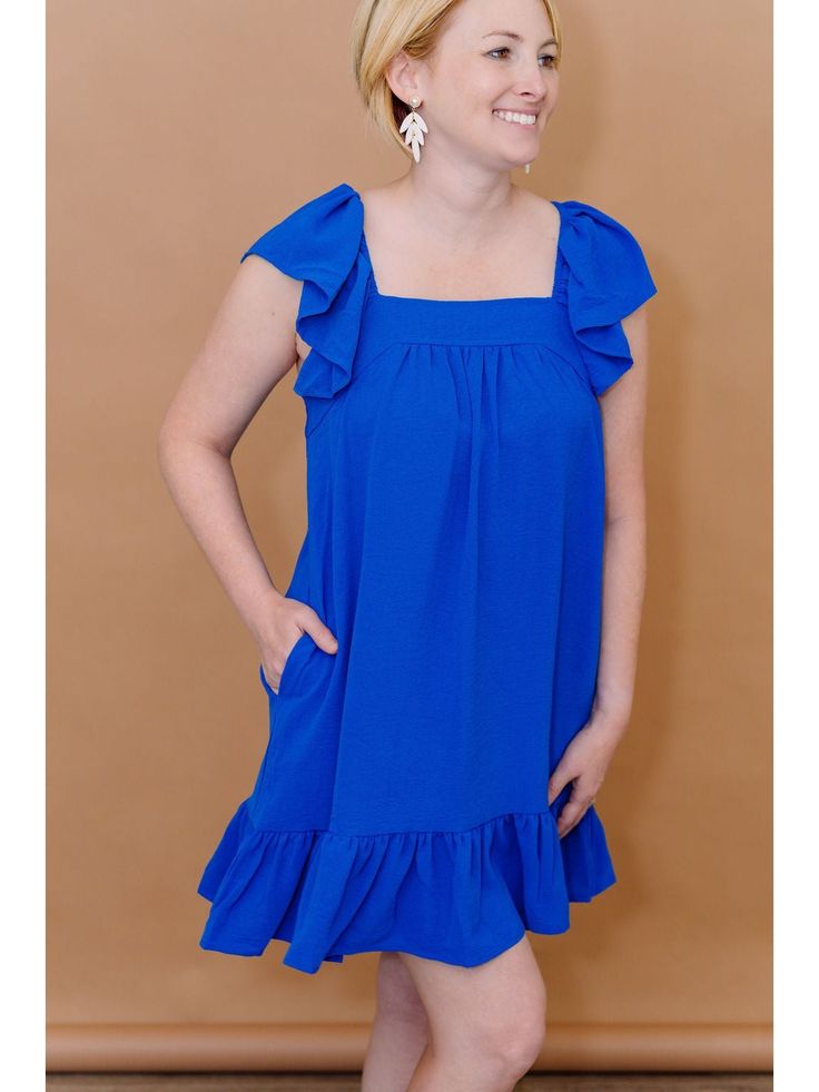 Blue Sleeveless Dress with Flutter Sleeves - Lolo Viv Boutique Slate Dress, Dress With Flutter Sleeves, Stacked Bracelets, Blank Slate, Blue Sleeveless Dress, Fun Earrings, Tiered Dress, Flutter Sleeves, Strap Dress