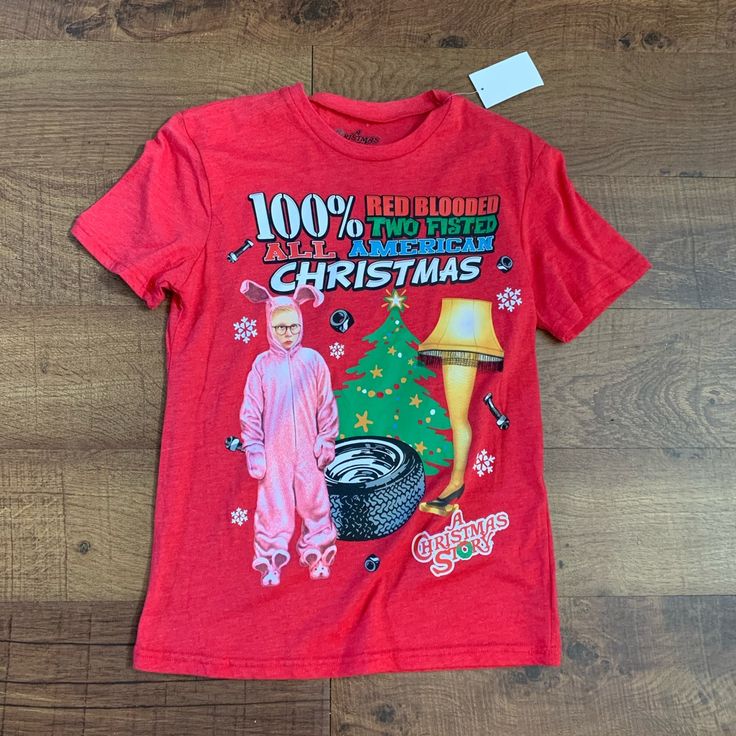 New With Tags “A Christmas Story” Mens Tshirt Size Small All The Characters From The Iconic Movie All On One T-Shirt Cotton & Polyester Material Pet & Smoke Free Home Christmas Graphic Tee Shirt In Cotton, Christmas Cotton Graphic Tee Shirt, Red Short Sleeve Tops For Winter, Red Graphic Print T-shirt For New Year, Red Cotton Shirt For Christmas, Red Holiday Crew Neck T-shirt, Holiday Red Crew Neck T-shirt, Christmas Graphic Print Short Sleeve T-shirt, Red Crew Neck Holiday T-shirt