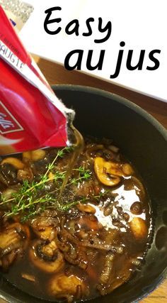 a pan filled with mushrooms and gravy next to a bag of cheddar cheese