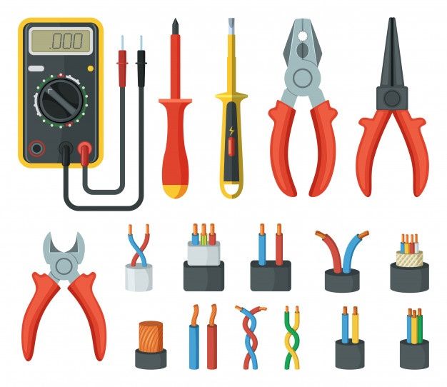 various tools for electrical work on white background