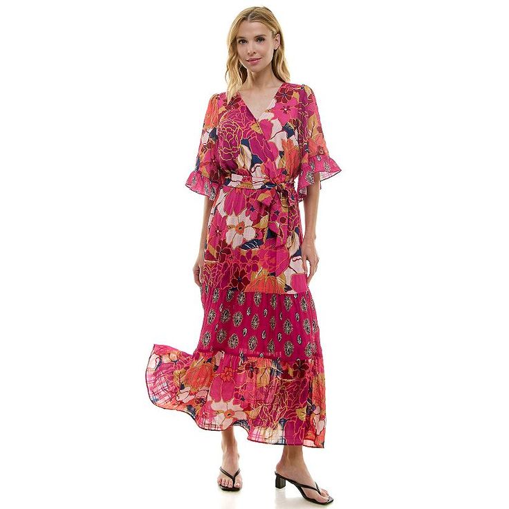 Step into style with this women's Figueroa & Flower flutter sleeve tiered maxi dress.Click on this WOMEN'S GUIDE to find the perfect fit and more! Step into style with this women's Figueroa & Flower flutter sleeve tiered maxi dress.Click on this WOMEN'S GUIDE to find the perfect fit and more! FEATURES V-neck Flared elbow sleeves Fit & flare silhouette Bubble plaid construction Tiered hem No closure - pullover styling Coordinating belt Fully linedFIT & SIZING 55-in. length from shoulder to hem Maxi length hits at the ankle Elastic waistbandFABRIC & CARE Polyester, spandex Lining: polyester Machine wash and line dry Imported Size: Medium. Color: Magenta Gold. Gender: female. Age Group: adult. Feminine Tiered Maxi Dress For Beach, Feminine Tiered Skirt Maxi Dress For Beach, Beach Maxi Dress With Ruffle Hem And Short Sleeves, Beach Maxi Dress With Short Sleeves And Ruffle Hem, Bohemian Flutter Sleeve Midi Dress For Vacation, Pink Tiered Maxi Dress For Vacation, Spring Beach Maxi Dress With Flutter Sleeves, Flowy Flutter Sleeve Maxi Dress For Vacation, Pink Tiered Maxi Dress For Summer