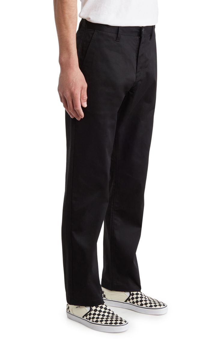 Enjoy the versatility of skate-inspired chino pants constructed from a comfortable cotton blend. 31 1/2" inseam; 18" leg opening; 12 1/2" front rise; 16" back rise (size 32)   Zip fly with button closure   Four-pocket style   60% cotton, 40% polyester   Machine wash, tumble dry   Imported   Model stats: 6'1" height, 32" waist. Model is wearing size 32.   Volcom has received the Fair Labor Association accreditation, which signifies that the company has effective systems and procedures in place to Classic Cargo Pants For Streetwear With Straight Hem, Classic Cargo Pants With Straight Hem For Streetwear, Classic Straight Hem Cargo Pants For Streetwear, Urban Tapered Leg Chinos For Workwear, Spring Streetwear Chinos With Tapered Leg, Spring Streetwear Tapered Leg Chinos, Spring Tapered Leg Chinos For Streetwear, Straight Leg Chinos For Spring Streetwear, Spring Streetwear Straight Leg Chinos