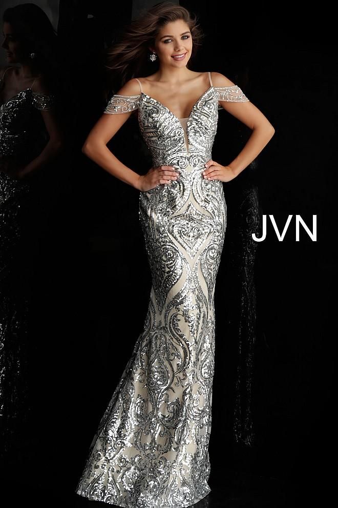 JVN67256 romantic off the shoulder embellished prom dress evening gown informal wedding dress silver nude pageant gown Gown Couture, Prom Dress Couture, Dress Couture, Long Sleeve Evening Gowns, Prom Long, Trumpet Gown, Terani Couture, Prom Dress Styles, Jovani Dresses