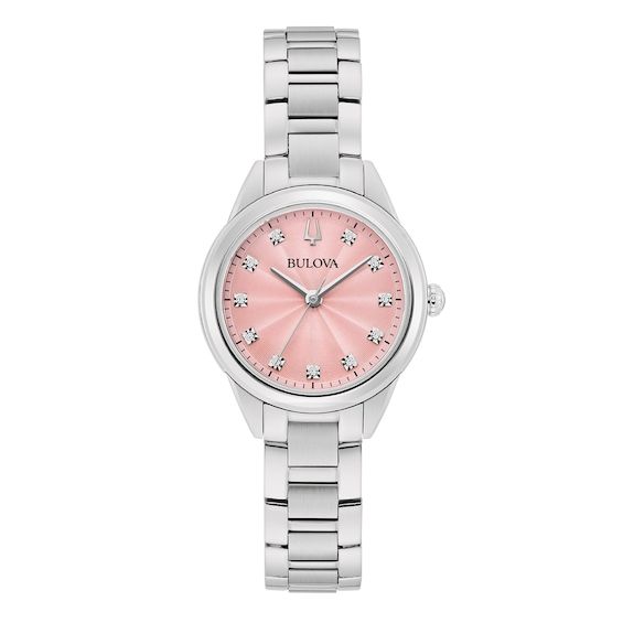 Add a pop of color to your wardrobe with this stylish Bulova ladies’ timepiece from the Sutton collection. Stainless steel 28.0mm case, pastel pink sunray dial, 11 diamond hour markers, and silver-toned hands Quartz movement Stainless steel bracelet; foldover clasp Water resistant to 30 meters We are an authorized Bulova dealer Classic Pink Watch With Round Dial, Formal Pink Watch Accessories With Diamond Hour Markers, Classic Pink Watch For Formal Occasions, Timeless Pink Watch For Formal Occasions, Pink Analog Watch With Round Dial, Pink Analog Watch Accessories With Round Dial, Timeless Formal Pink Watch, Classic Pink Diamond Watch With Round Dial, Timeless Pink Diamond Watch With Metal Dial