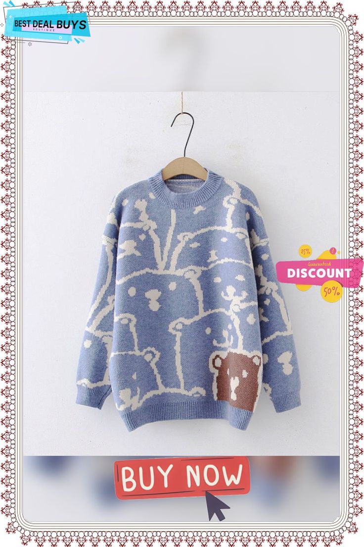 Cartoon Bear Jacket Sweater Long Sleeve Sweater With Pockets For Cold Weather, Cold Weather Long Sleeve Sweater With Pockets, Winter Sweatshirt With Pockets, Blue Long Sleeve Winter Outerwear, Winter Sweater With Pockets, Casual Crew Neck Outerwear For Outdoor, Warm Winter Sweater For Outdoor, Cozy Blue Outerwear For Winter, Winter Long Sleeve Tops For Cold Weather