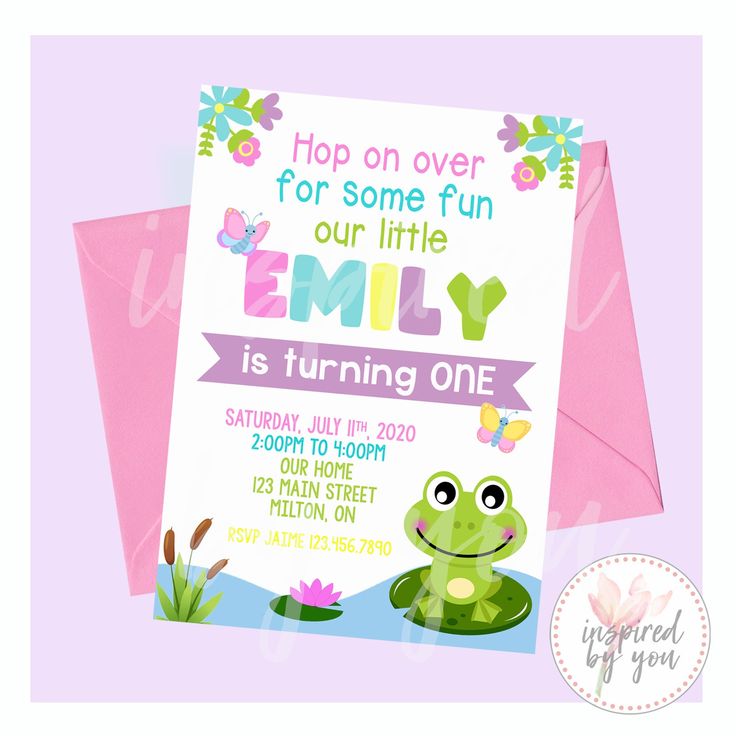 a frog birthday party card with the words, hop on over for some fun our little one is turning one