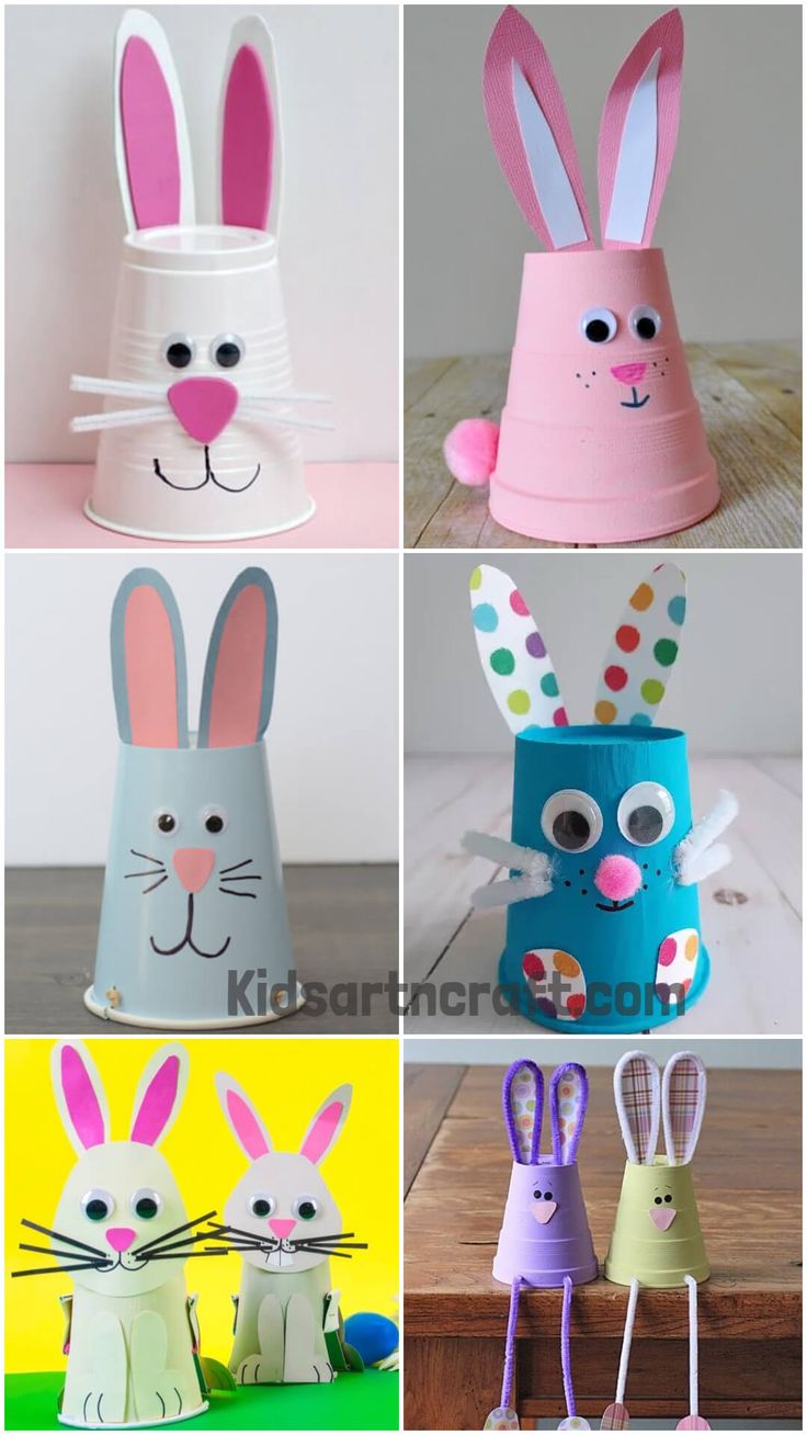 four different easter crafts for kids that include paper cups, bunny ears and carrots