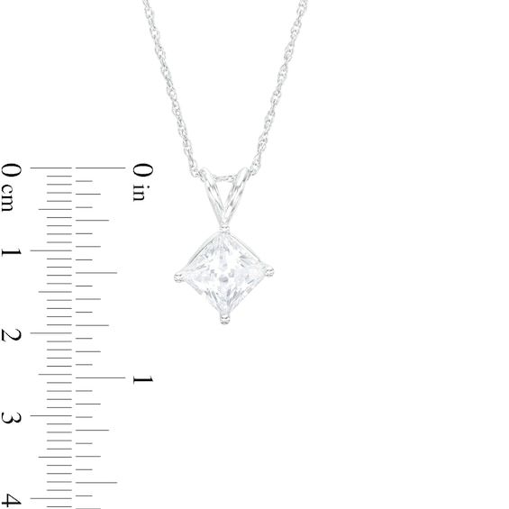 Revisit classic style with the sophisticated look of this dazzling certified princess-cut lab-created diamond solitaire pendant in white gold. Fashioned in 14K white gold The tilted 3 ct. certified princess-cut lab-created diamond solitaire boasts a color rank of F and clarity of Vs2. Includes certification card This pendant suspends from a split bail along an 18.0-inch rope chain that secures with a spring-ring clasp. Elegant White Gold Solitaire Necklace With Princess Cut, White Gold Solitaire Necklace With Princess Cut Diamond, Princess Cut Diamond Solitaire Necklace In White Gold, White Gold Solitaire Princess Cut Diamond Necklace, Classic Solitaire Necklace With Princess Cut For Formal Occasions, White Gold Princess Cut Solitaire Necklace, Classic Princess Cut Solitaire Necklace For Formal Occasions, Classic White Gold Solitaire Necklace With Radiant Cut, Classic Radiant Cut Solitaire Necklace In White Gold