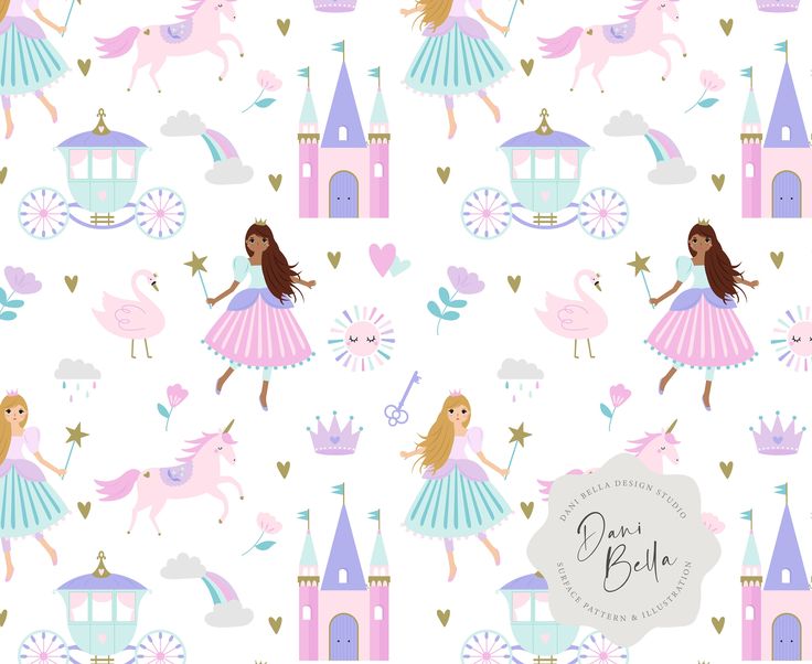 seamless pattern with princesses and unicorns