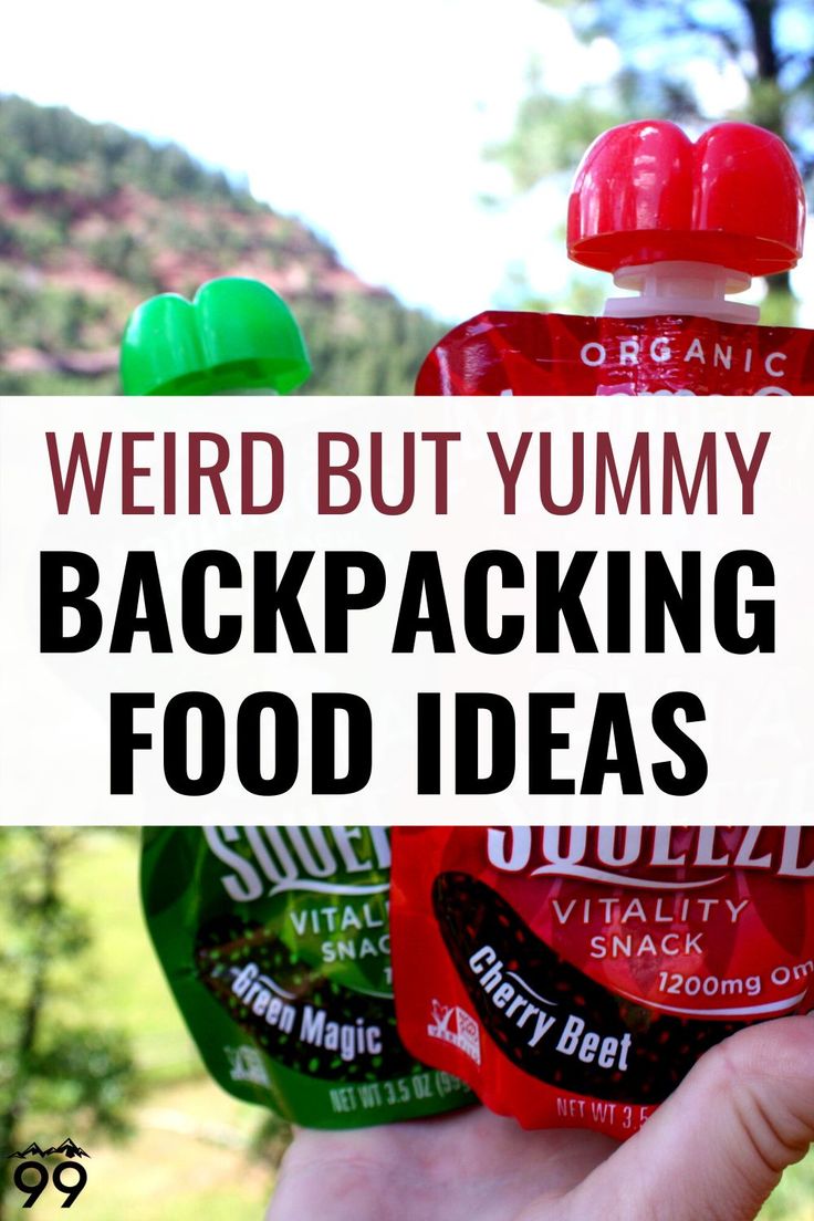 a hand holding two bottles of food with the words weird but yummy backpacking food ideas