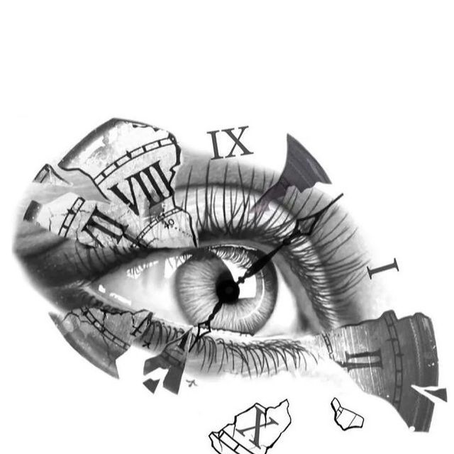 a drawing of an eye with roman numerals on the iris and clock faces