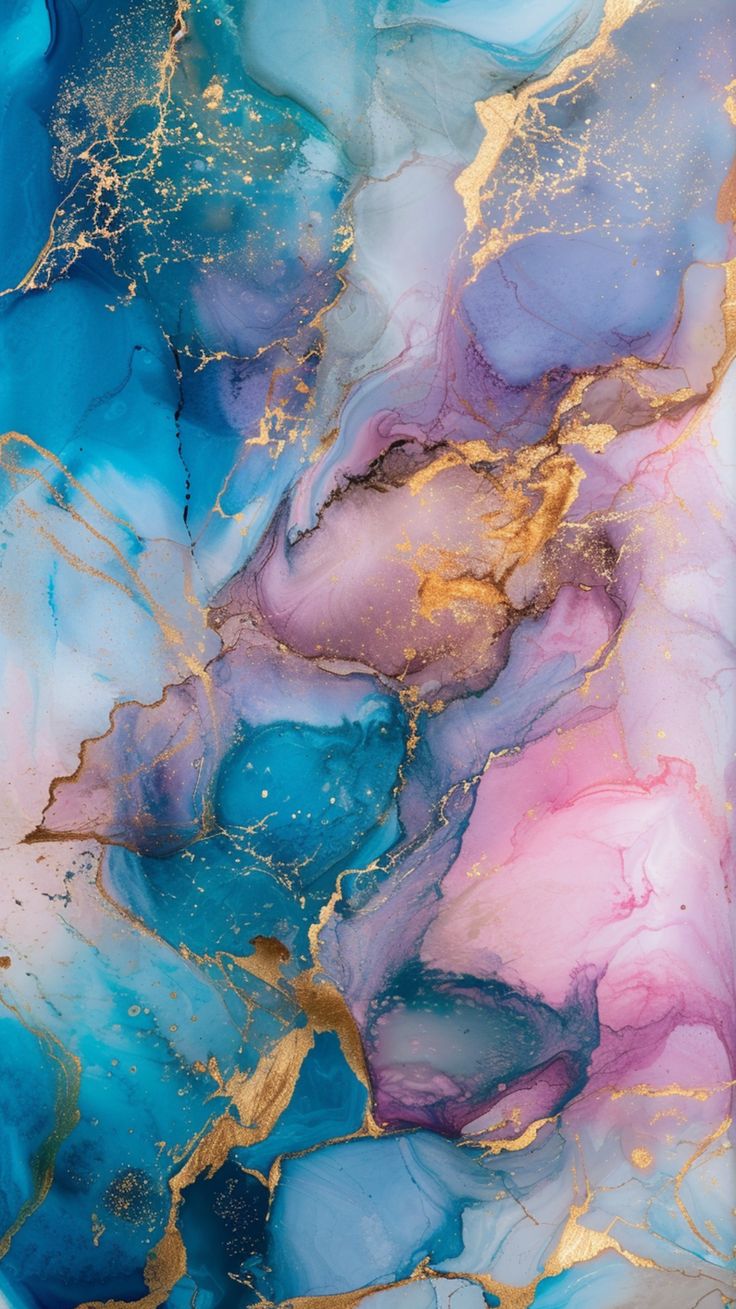 an abstract painting with blue, pink and gold colors on it's surface is shown