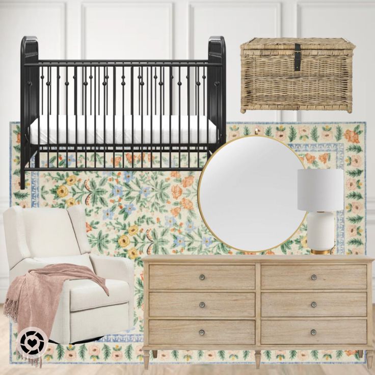 a baby crib and dresser in a room with floral wallpaper, mirror, lamp, basket