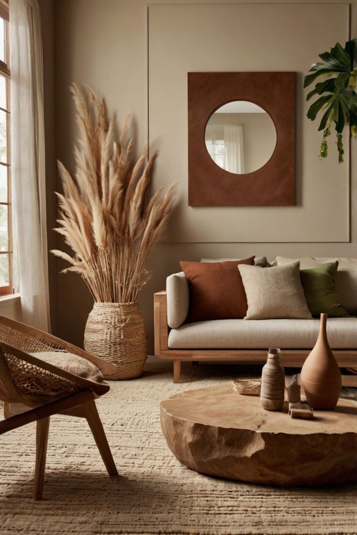 Elegant boho living room with neutral-toned sofa, cozy pillows, wooden coffee table, pampas grass in a woven basket, and modern mirror for stylish decor. Elegant Boho Living Room, Sofa Cozy, Large Woven Basket, Cozy Pillows, Boho Living Room Decor, Cozy Pillow, Stylish Living Room, Modern Mirror, Wooden Coffee Table