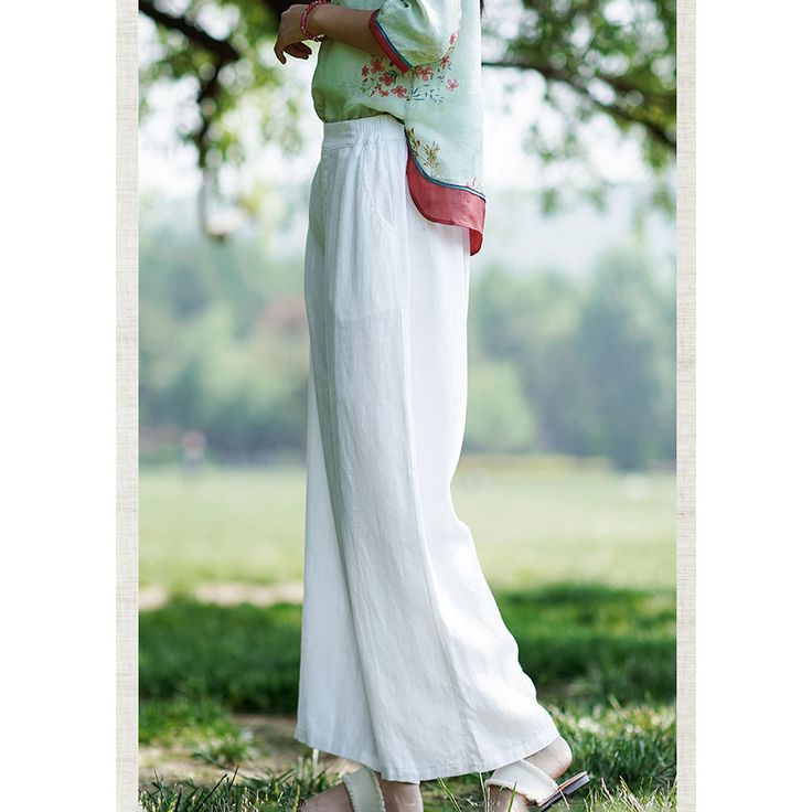 Summer Solid Color Linen Wide Leg Casual Pants Fabric: 100% Linen Size: M, L, XL Multiple Color Selections: White, Watermelon Red, Apricot  Season: Spring, Fall, Summer White High Waist Harem Pants For Vacation, Spring Solid Color Ankle-length Harem Pants, Casual Ankle-length Harem Pants For Beach, Beach Wide Leg Ankle-length Pants, White Non-stretch Wide Leg Harem Pants, Baggy Wide Leg Ankle-length Pants For Beach, Baggy Ankle-length Wide Leg Pants For Beach, Baggy White Bottoms For Vacation, White Ankle-length Harem Pants