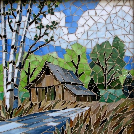 a mosaic painting with trees and houses in the background