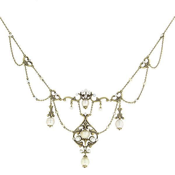 With natural pearls ranging in size from 2.5 mm - 7.4 mm and eight Old European cut diamonds weighing app. 0.50 ctw., in an acanthus scroll design, fashioned in 14k gold. Circa 1900. Length 17 inches EGL-US59184301P Antique Pearl Pendant Necklace For Formal Occasions, Antique Pearl Necklace For Formal Occasions, Elegant Pearl Necklace With Intricate Design, Victorian Pearl Drop Necklace For Formal Occasions, Heirloom Pearl Pendant Necklace For Wedding, Baroque Rose Cut Diamond Jewelry For Wedding, Formal Art Nouveau Diamond Jewelry, Elegant Baroque Jewelry With 17 Jewels, Ornate Pearl Pendant Jewelry For Formal Occasions