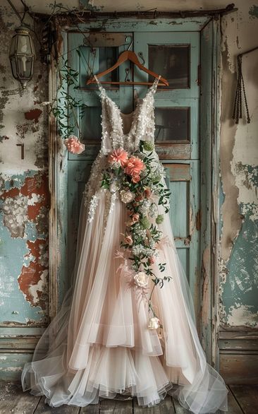 a wedding dress hanging on a door with flowers