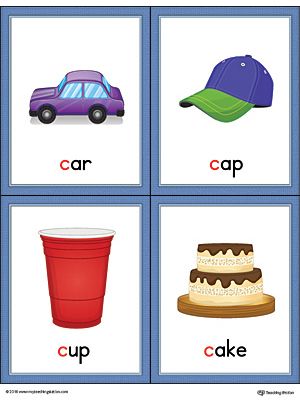 four cards with pictures of different objects in the same room, including a car, cake, cap and cup