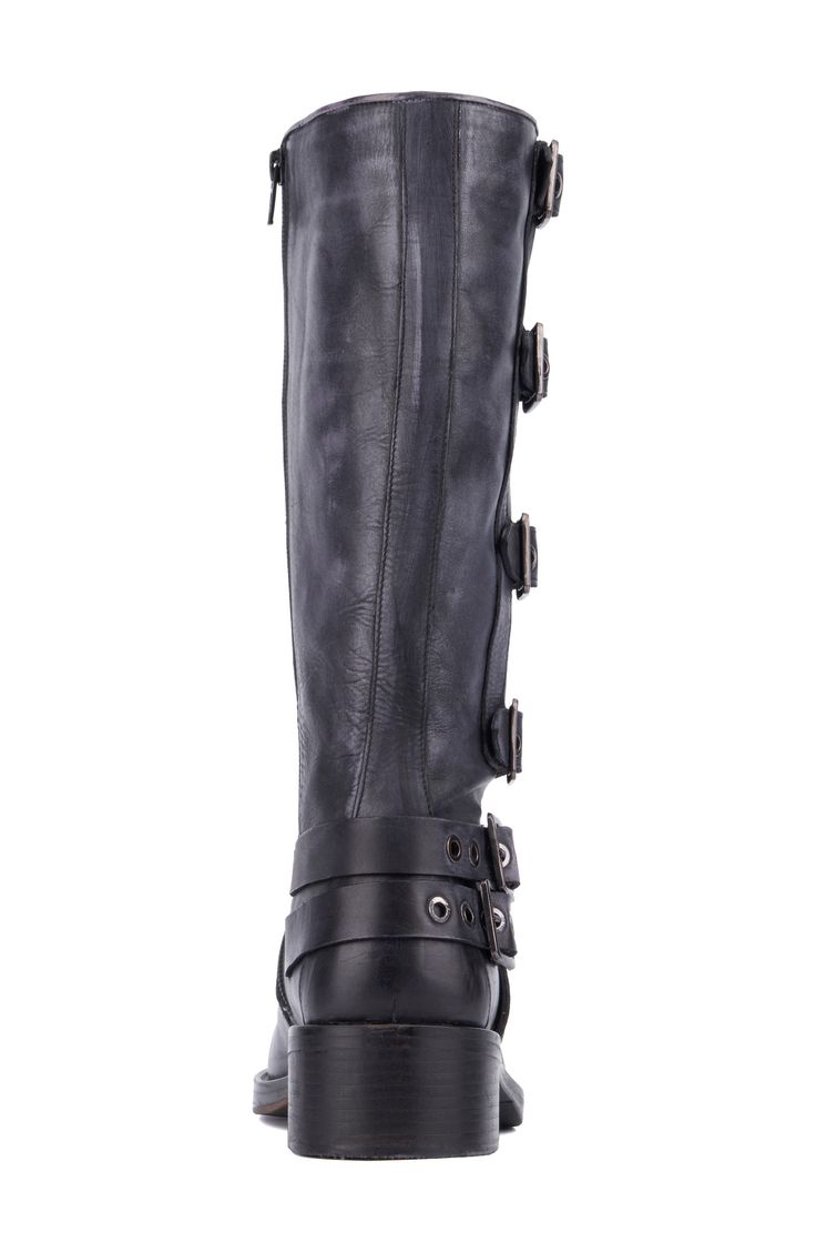 A low stacked heel offers easy walking in this knee-high boot that's shaped from buttery-soft leather. 1 3/4" heel 12 1/2" shaft; 15 3/4" calf circumference Leather upper/textile and leather lining/leather and synthetic sole
 Imported Knee-high Moto Boots With Reinforced Heel, Leather Wide Calf Mid-calf Moto Boots, Wide Calf Knee-high Moto Boots With Leather Lining, Wide Calf Leather Mid-calf Moto Boots, Leather Wide Calf Moto Boots Mid-calf, Wide Calf Leather Moto Boots, Flip Flop Slippers, Clutch Pouch, Baby Boy Shoes