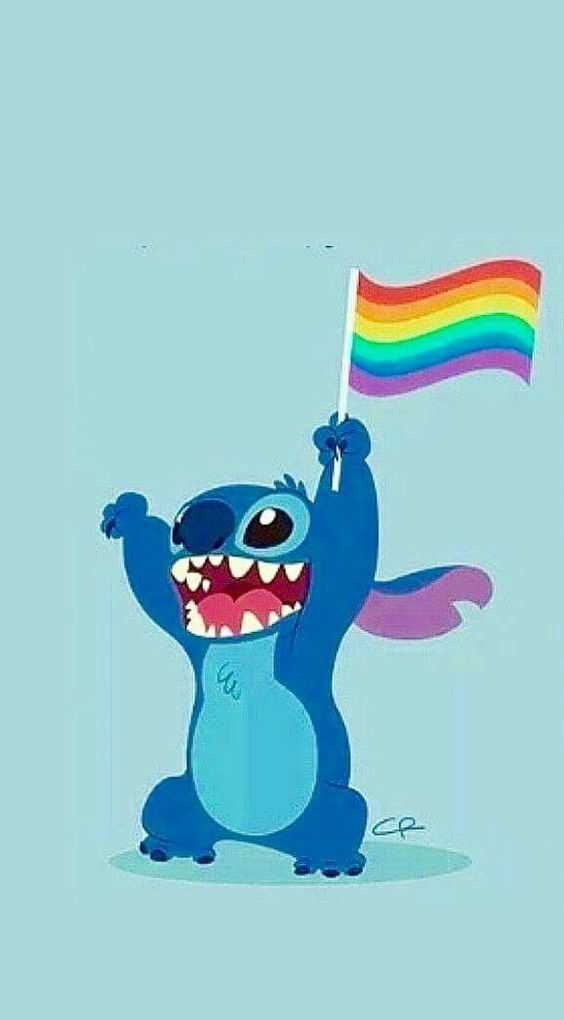 a cartoon character holding a rainbow flag and waving it's arms in the air