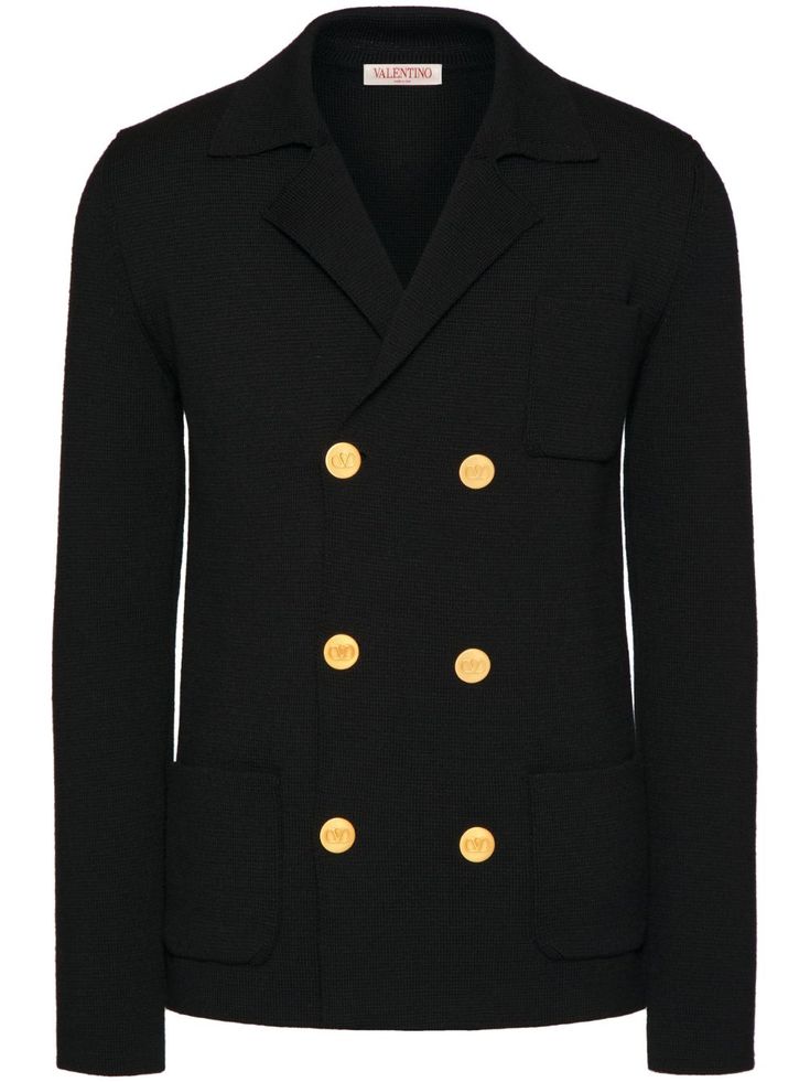 VLogo buttons wool knitted jacket from VALENTINO featuring Valentino Ready To Wear, navy blue, virgin wool, V-neck, notched collar, knitted construction, long sleeves, double-breasted button fastening, logo-embossed buttons, chest patch pocket and straight hem. The full look includes Valentino Garavani accessories.. Valentino Ready To Wear, Navy Blue Cardigan, Knitted Jacket, Full Look, Blue Cardigan, Knitwear Men, Knitwear Cardigan, Notched Collar, Wool Cardigan