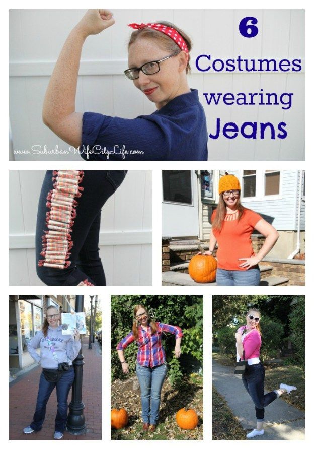 six costumes wearing jeans are featured in this collage with the words, 6 costumes wearing jeans