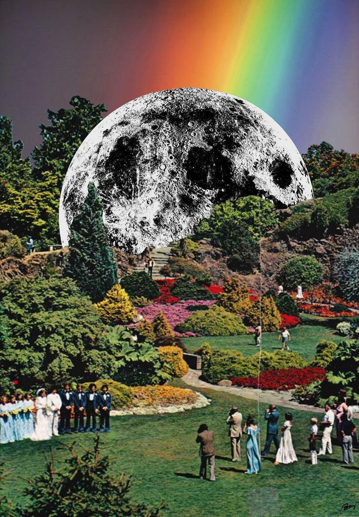 people are standing in the grass with a rainbow behind them and an image of a full moon