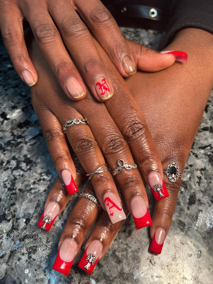 Nails With Your Mans Initials, Black Couple Nails, Matching Nails With Stud Girlfriend, Nails To Match Red Hair, Red Natural Nails Design, Matching Nails Couples Black, Matching Couple Nail Sets, Nails Dedicated To Boyfriend, His And Her Matching Nails