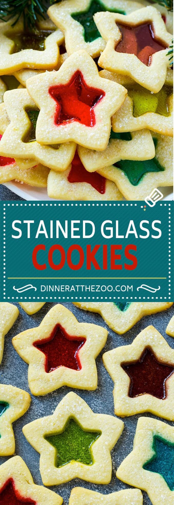 stained glass cookies with red, green and blue icing on the top are shown