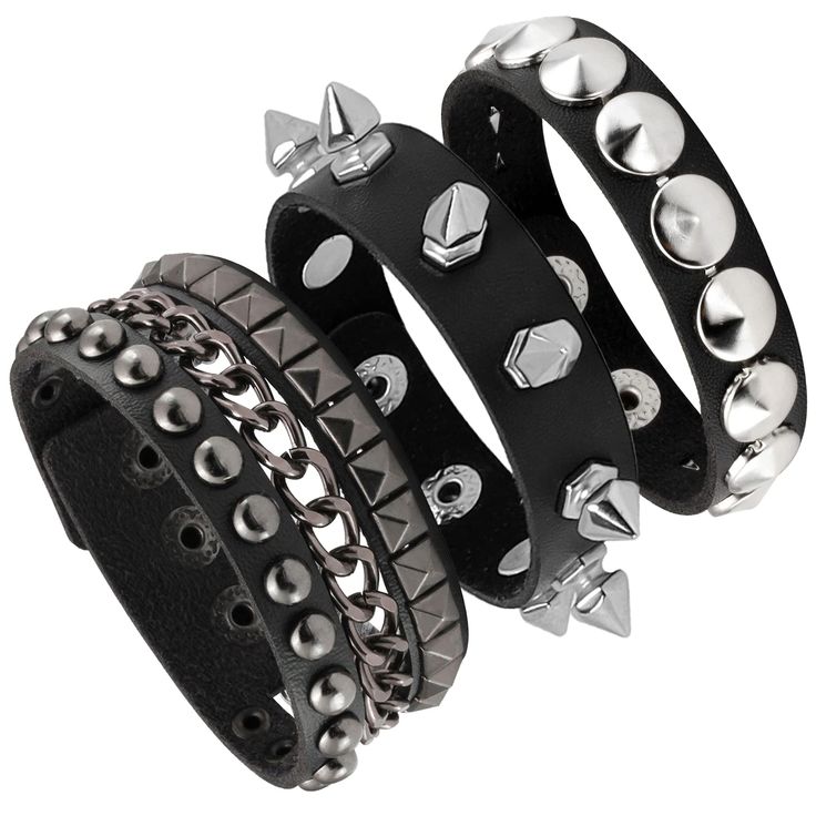 PRICES MAY VARY. Package Included : 1 * Cool Round Rivets Wristband for Men Women + 1 * Punk Leather Retro Hexgon Studded Bracelet for Man Woman + 1 * Man' s Classic Chain Cuff Bracelet for Man Woman. Material : PU Leather + Alloy. Size : As the picture shown above. These bracelets are designed with adjustable snapback, you can change their sizes based on your needs. Suitable Occasions : Suitable Occasions : 80s theme Party, 90s theme Party, Rock Concert, Music Carnival, Bike Game, Guitar Show, Adjustable Punk Leather Bracelet, Festival Metal Jewelry With Rivets, Black Spiked Bracelets For Festival, Black Festival Bracelets With Spikes, Black Spiked Festival Bracelets, Black Spiked Jewelry For Festival, Punk Bracelets With Rivets For Concert, Edgy Bracelets With Rivets For Festival, Black Rocker Bracelets With Rivets